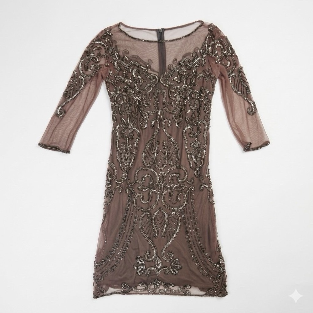 Prelude Beaded Sequin Mesh Overlay Cocktail Dress Size 6 Mauve Brown Art Deco